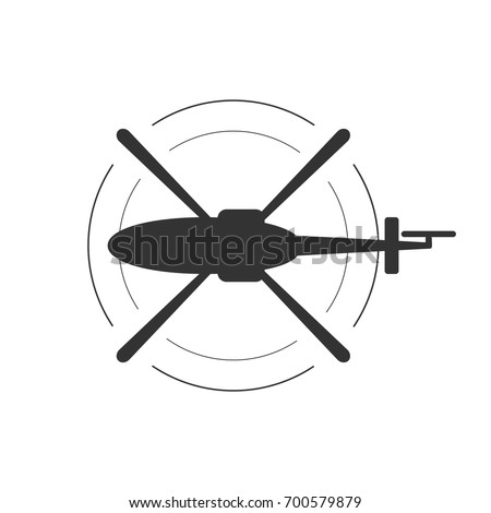Black isolated silhouette of helicopter on white background. Icon of above view of helicopter.