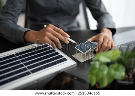 Similar – Image, Stock Photo Solar panels or photovoltaic module. Solar power for green energy. Sustainable resources. Renewable energy. Clean technology. Solar cell panels use sun light as a source to generate electricity.