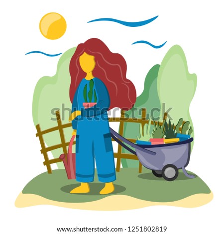 A young girl in the garden is engaged in transplanting plants. Garden cart and garden. Illustration in flat style