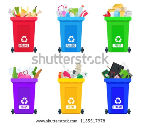 Full trash cans with sorted trash vector set. Different types of garbage: Organic, Plastic, Metal, Paper, Glass, E-waste. Vector collection of colorful trash bins for educational infographics.