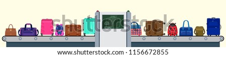 Vector illustration: x-ray scanner in airport terminal. Set of suitcases. Luggage checking with police illustration. Baggage conveyor  with different bags. Conveyor line with passenger baggage.