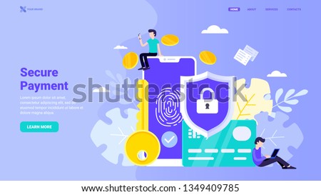 Secure payment, personal information security, account protection design concept for landing page. Flat vector illustration with tiny characters for landing page, website, banner, hero image 
