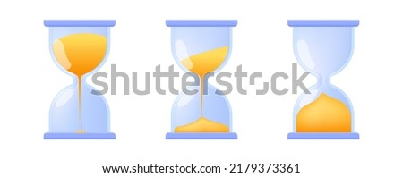 Hourglass bell icon set isolated on white background for social media reminder, web site, banner, poster. Cartoon yellow sandglass. Realistic clock 3d vector illustration. 