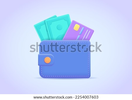 Wallet, plastic credit card, paper banknote, coin and shield vector illustration. Purse icon 3d. Money transfer, online payment concept for landing page, web, mobile app, poster, banner, flyer.