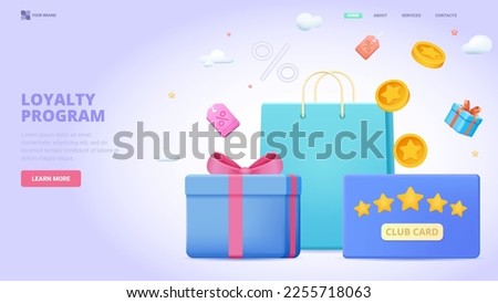 Loyalty program, club card, club membership, earning loyalty points  design concept for landing page. 3d vector illustration with tiny characters for  website, banner, hero image.