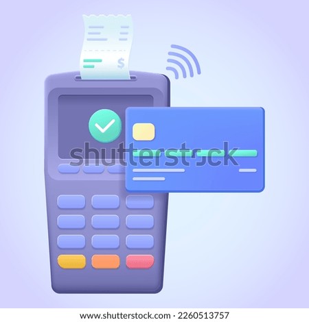 Payment with terminal and credit card. Successful transaction, payment method concept. 3d vector icon for web site, banner, landing page, print. Payment process three dimensional illustration.