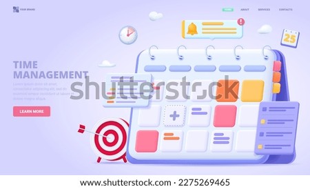 Schedule management, list of tasks online, time planning, checklist, calendar application. 3d design concept for landing page. Three dimensional vector illustration.