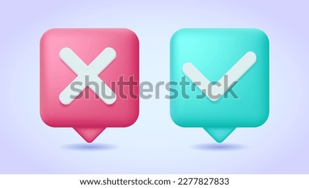 Red and green message bubble with cross and tick marks. Accept, decline icons, access denied and allowed, verification concept. 3d vector icon set for web site, banner, landing page, print. 