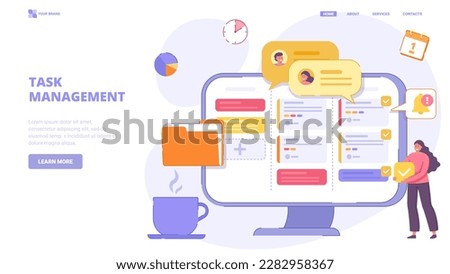 Project management, task management application, list of tasks online, successful business plan tasks. Flat design concept for landing page. Vector illustration with tiny characters.