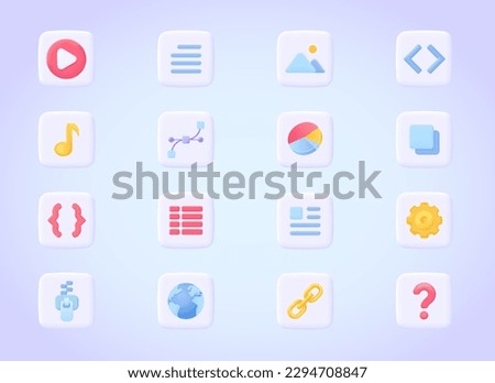 File type, document format icon set: avi, txt, mp3, png, zip, ai, html, pdf. Large file 3d vector icon collection for mobile or desktop application. Three dimensional vector colourful pictogram set. 