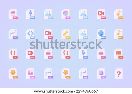 File type, document format icon set. Large file 3d vector icon collection  for website, print, banner, mobile or desktop application. Three dimensional vector colourful pictogram. 