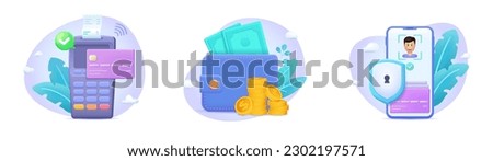 Payment methods: online payment, credit card payment, cash, pos terminal vector illustration collection. Vector scene set in modern 3d style.
Three dimensional illustrations for landing page, banner.