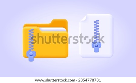 Folder and file icon with zipper, compressed document and directory. 3d icon set for landing page. Three dimensional vector illustration collection for website, print, banner, software, application