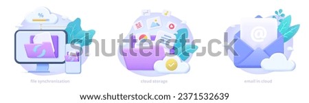 Cloud storage, email in cloud, data sync, data backup, file share between devices. 3d icon set for landing page. Three dimensional vector illustration collection for website, print, banner