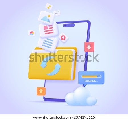 Folder with files update, remote folder, upload and download data in cloud online, refresh data. 3d design concept for landing page. Three dimensional vector illustration for website, print, banner