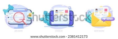 Job search, search vacancy online, create and send resume. Employees looking for job. 3d icon set for landing page. Three dimensional vector illustration collection for website, print, banner