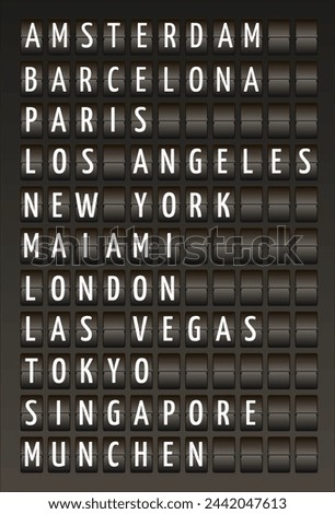 Airport mechanical scoreboard. Realistic equipment board message departures and arrivals flight poster. Flipping departure countdown. Vector illustration 3d schedule arriving train for travel