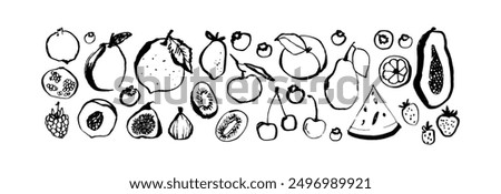 Sketch doodle vector fruits. Strawberry blueberry watermelon, peach pear. Banana, pomegranate, lemon, raspberry papaya hand drawn fruit berry lemon. Vector 