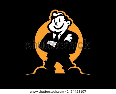 A successful man stands happy. The perfect man's logo. Black background.