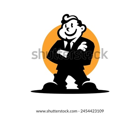 A successful man stands happy. The perfect man's logo. White background.