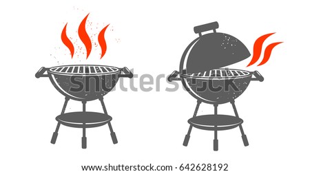 Black BBQ Grill illustrations with red fire on white background.