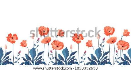 Vector floral seamless border. California poppy flowers, Eschscholtzia. Seamless pattern with coral color flowers, blue leaves and stems. Floral elements isolated on white background.