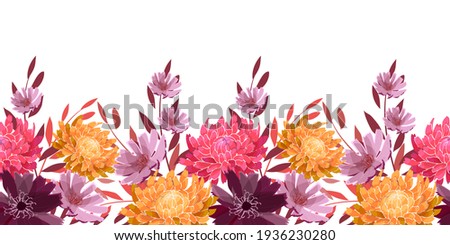 Art floral vector seamless pattern, border. Summer, autumn garden flowers isolated on a white background. Yellow, pink, pale purple asters, chrysanthemums, twigs and leaves.