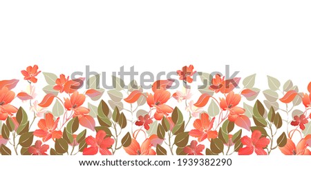 Vector floral seamless border, pattern. Decorative border with red flowers, green leaves. Floral elements isolated on a white background.