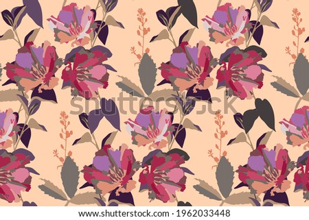 Vector floral seamless pattern. Garden flowers on a beige background. For decorating any surfaces, fabric, cards, banners.