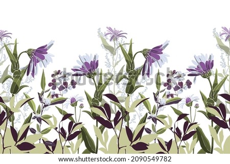 Vector floral seamless pattern, border. Horizontal panoramic image with white-purple flowers, green leaves and stems on a white background. Artistic floral design for postcards, banners and more.