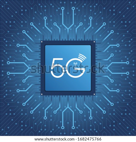 Processor with text '5G' on the circuit board background. 5G network concept. Fifth generation mobile communications. 5G standard of modern signal transmission technology. high-speed mobile Internet. 