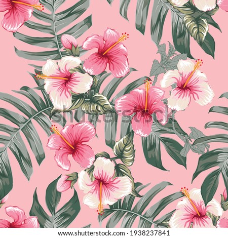 Seamless floral pattern pink Hibiscus flowers on isolated dark pink pastel background.Vector illustration watercolor hand drawning.For fabric print design texture