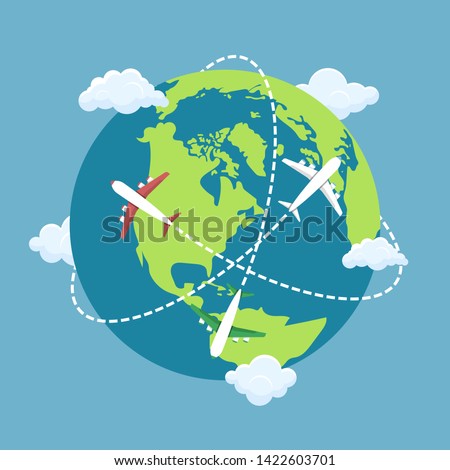 Plane flying around the world vector design illustration