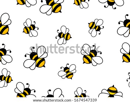 Seamless Pattern with flying bees.
Vector Cartoon black and yellow bees isolated on white background. Cartoon doodle cute bees seamless line pattern