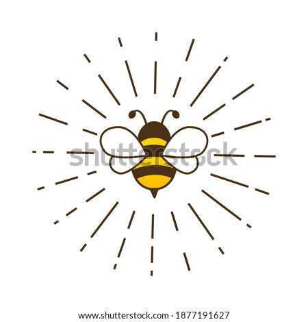 Lovely cute bee with sunburst. Cartoon bee inside rays isolated on a white background. Vector illustration.