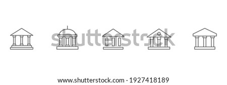 Building with columns outline collection. Bank icon line set. University black symbol group. Vector isolated on white