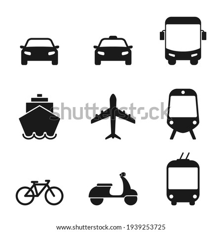 Transportation icon set. Taxi car, airplane, public bus, bike, scooter, trolleybus, train, ship and auto signs. Transport black silhouette collection. Travel concept. Vector isolated on white
