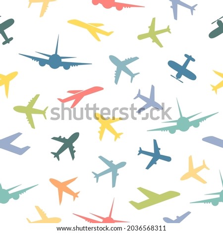 Seamless pattern with airplanes. Air cute transportation concept. Cartoon colorful planes collection. Kids illustration isolated.
