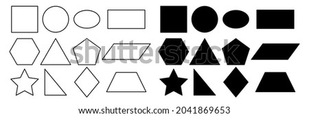 Geometric shapes set. Educational black silhouette and line figures. Basic forms. Vector isolated on white