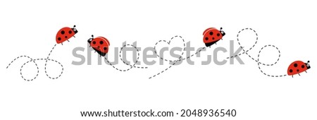 Cute ladybug icon set. Ladybugs flying on dotted route. Cartoon ladybirds with open wings. Vector isolated on white background.	