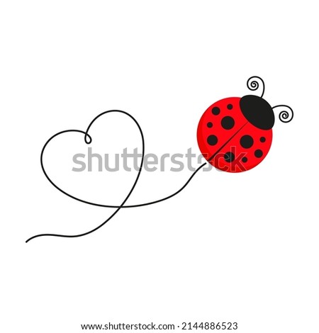 Ladybug with heart shape line. Cute ladybird with line route. Vector illustration isolated on white.