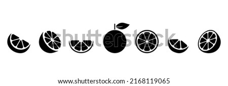 Orange slice shape set. Grapefruit black symbol collection. Mandarin elements. Citrus fruit whole, half and pieces silhouette group. Vector isolated on white background.