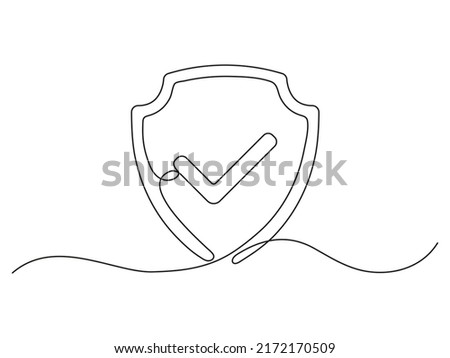 Shield with checkmark continuous line art. Protect linear symbol. Guard drawing sign. Vector isolated on white.