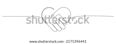 Heart handshake continuous line drawing. Love shaking hands. Business deal linear symbol. Vector illustration isolated on white. 