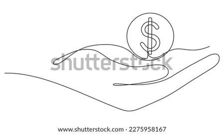 Hand holding coin cent continuous one line drawing art. Dollar linear symbol. Savings money concept. Vector isolated on white.
