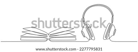 Book with headphones continuous line drawing. Audio reading linear concept. Audiobook symbol. Vector illustration isolated on white.	