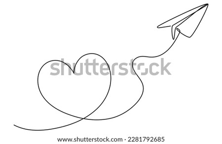 Paper airplane flight continuous line drawing. Heart linear shape path. Vector illustration isolated on white.