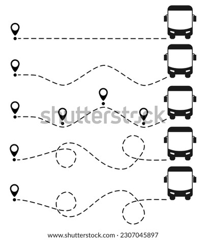 Bus route with location pin set. Public transport silhouette driving on dotted path collection. Journey and travel concept. Vector illustration isolated on white.