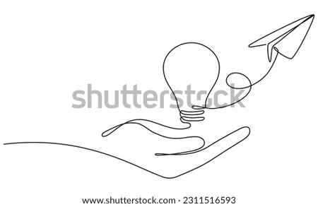 Hand holding light bulb and paper plane continuous line drawing.  Vector illustration isolated on white.