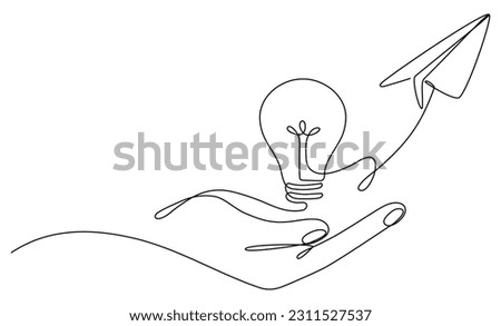 Hand holding light bulb and paper plane continuous line drawing.  Vector illustration isolated on white.